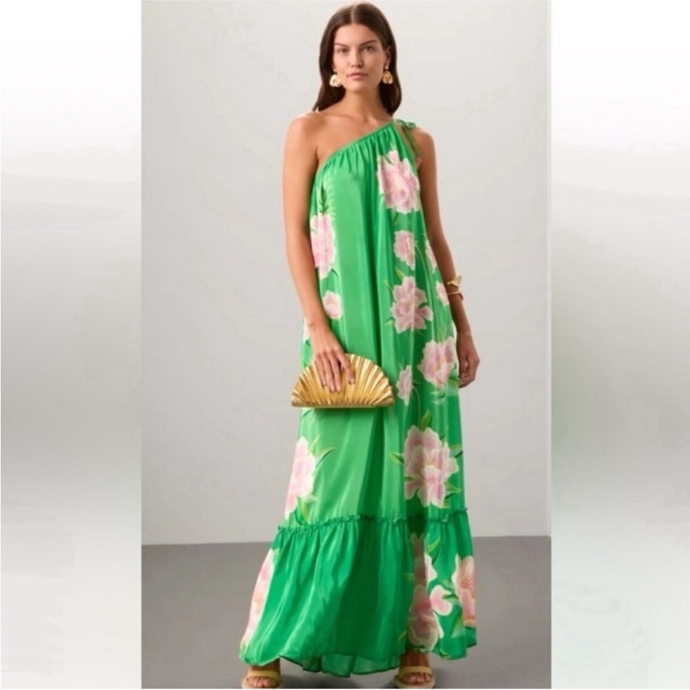 FARM Rio Green One Shoulder Dress with Pink Floral